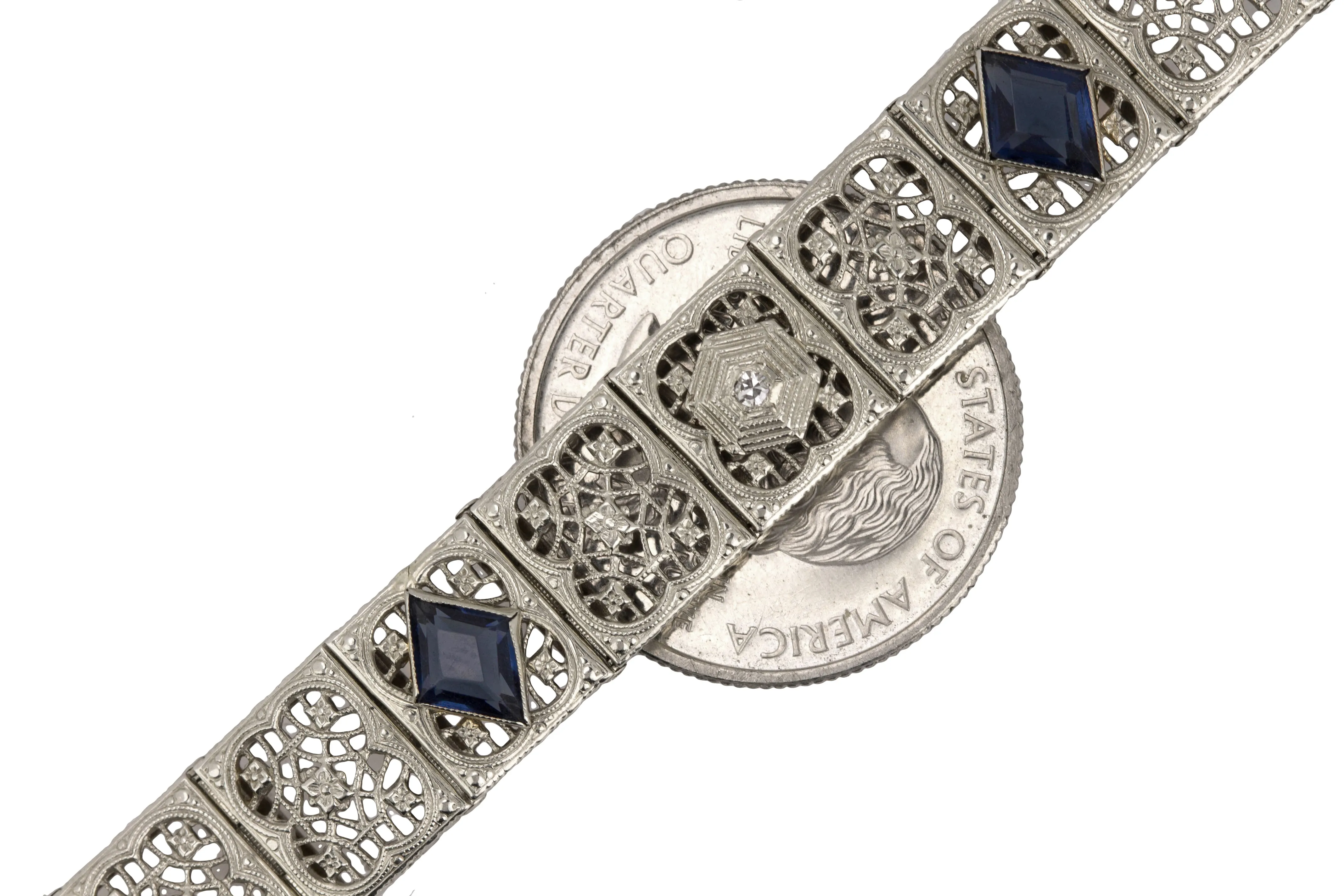 1930's Art Deco 14K White Gold 0.03 CT Diamond Sapphire Floral Filigree Bracelet