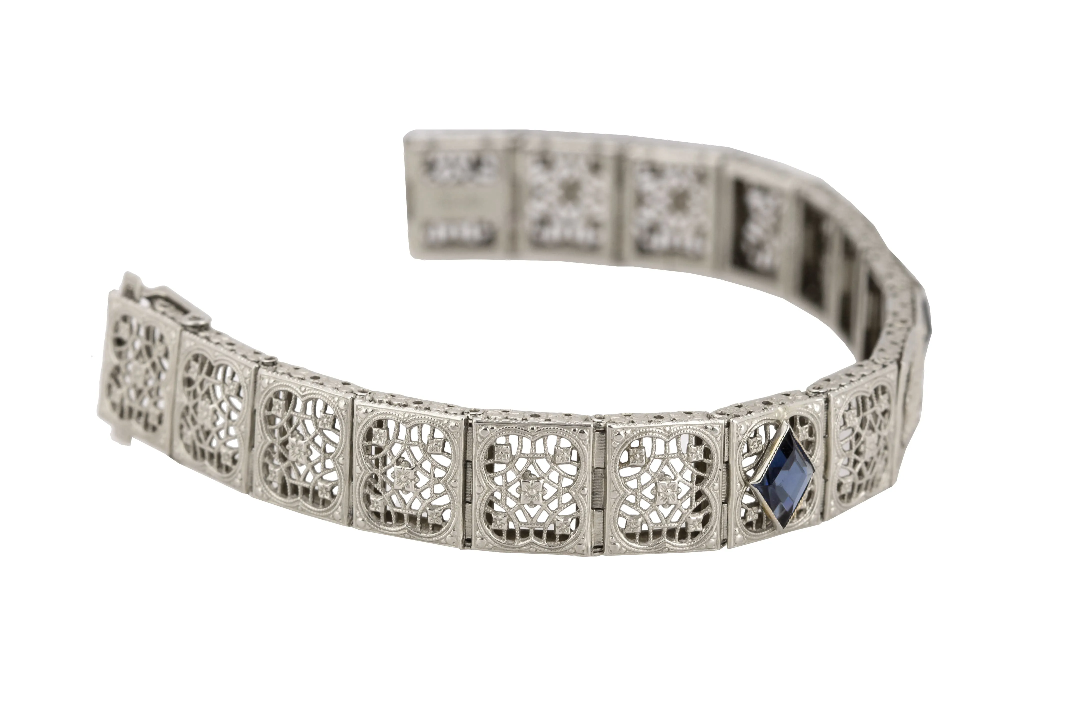 1930's Art Deco 14K White Gold 0.03 CT Diamond Sapphire Floral Filigree Bracelet