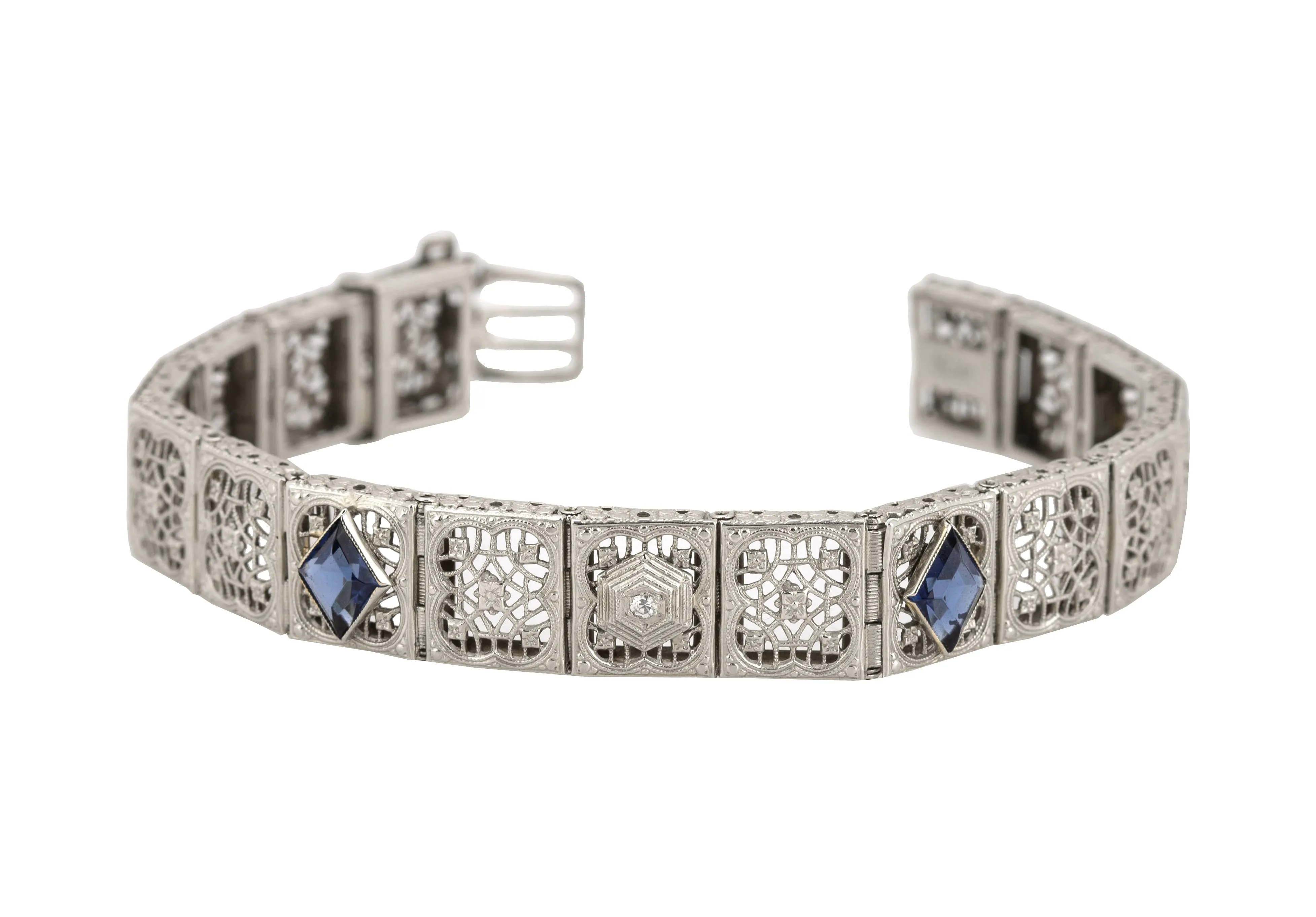 1930's Art Deco 14K White Gold 0.03 CT Diamond Sapphire Floral Filigree Bracelet