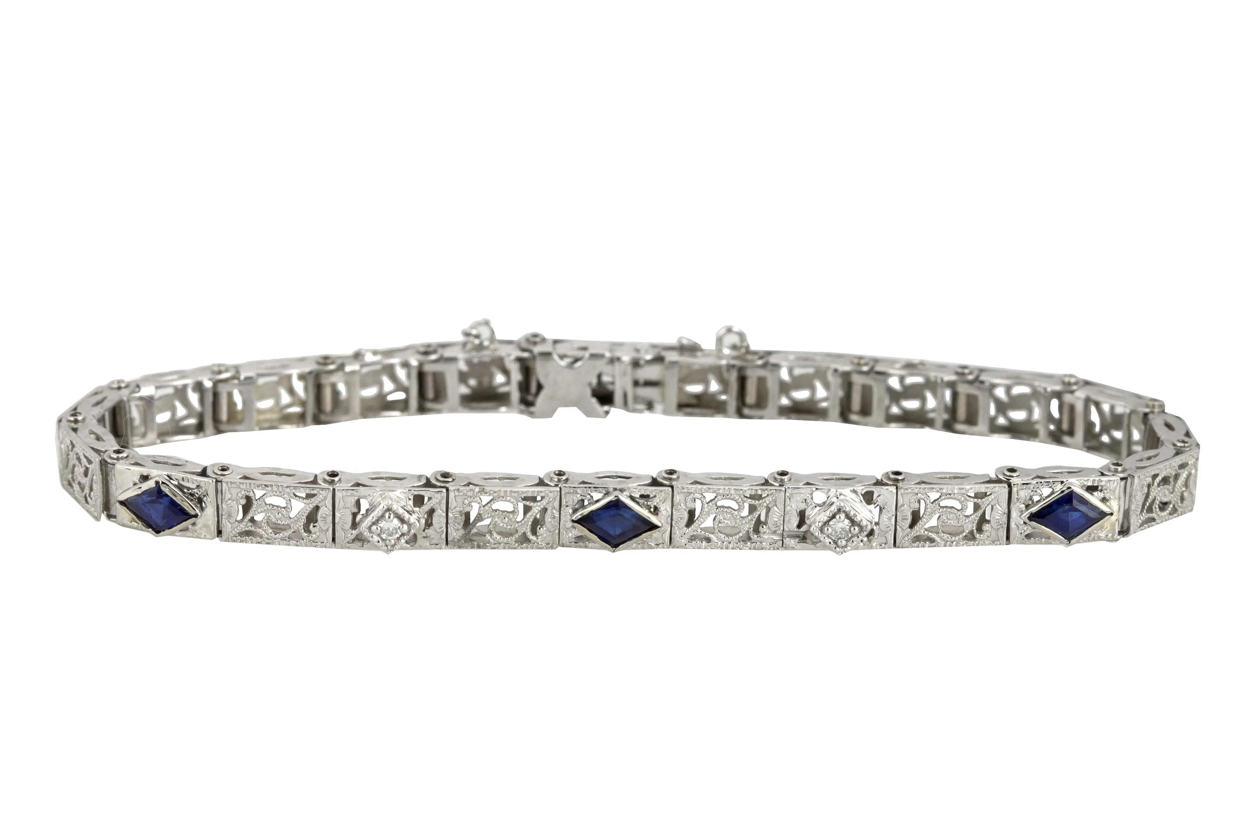 1930's Art Deco 14K White Gold 0.04ctw Diamond Sapphire Floral Filigree Bracelet