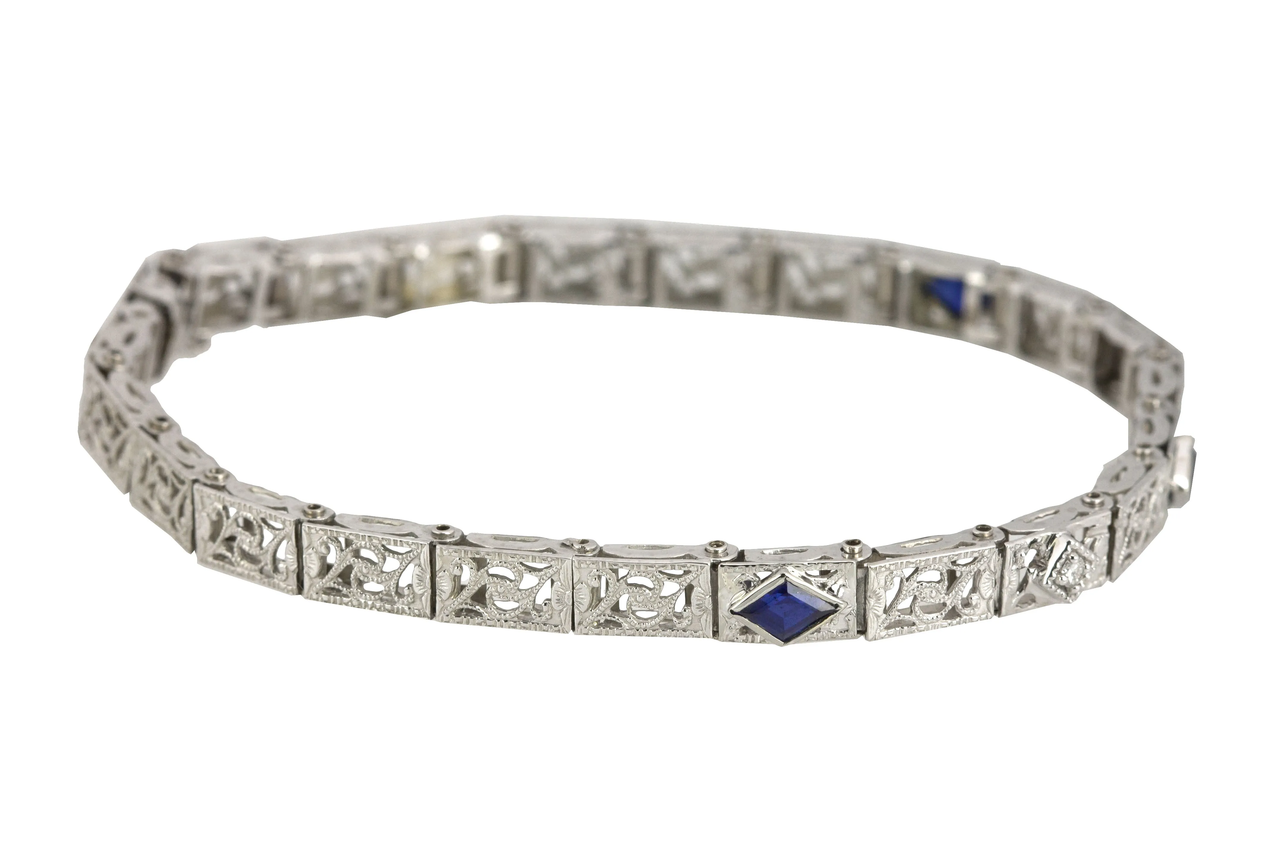 1930's Art Deco 14K White Gold 0.04ctw Diamond Sapphire Floral Filigree Bracelet