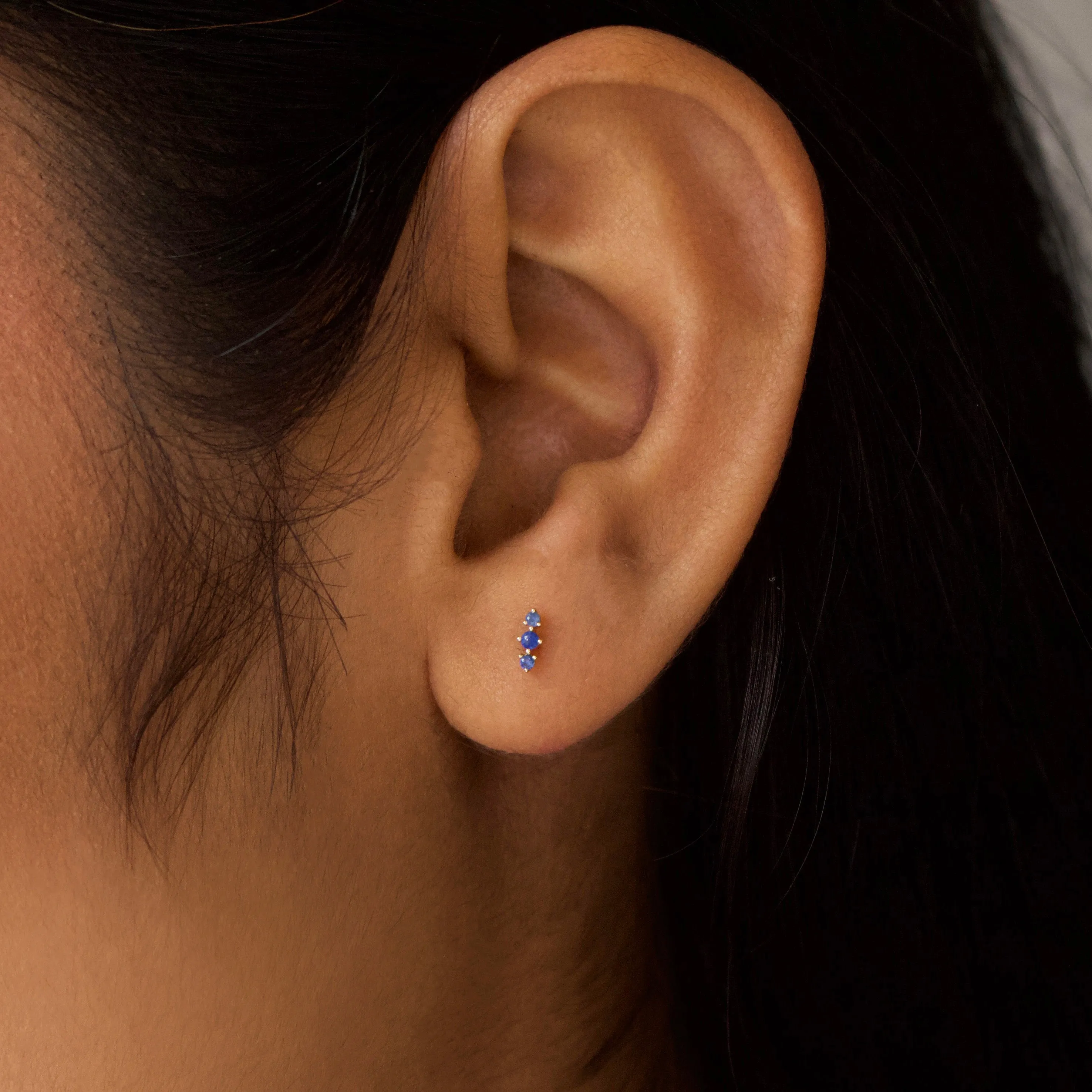 Blue Sapphire Triple Stone Stud Earring