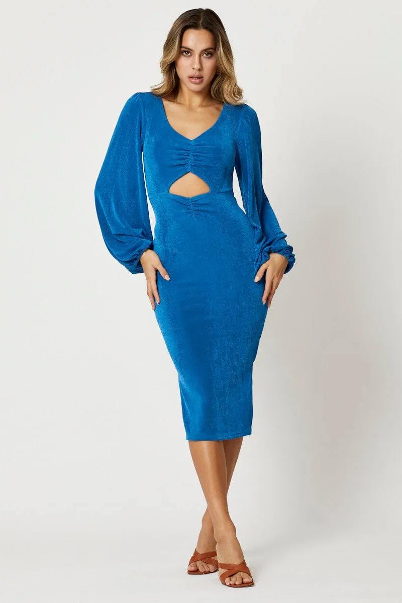 Blue Slinky Jersey Cut Out Dress