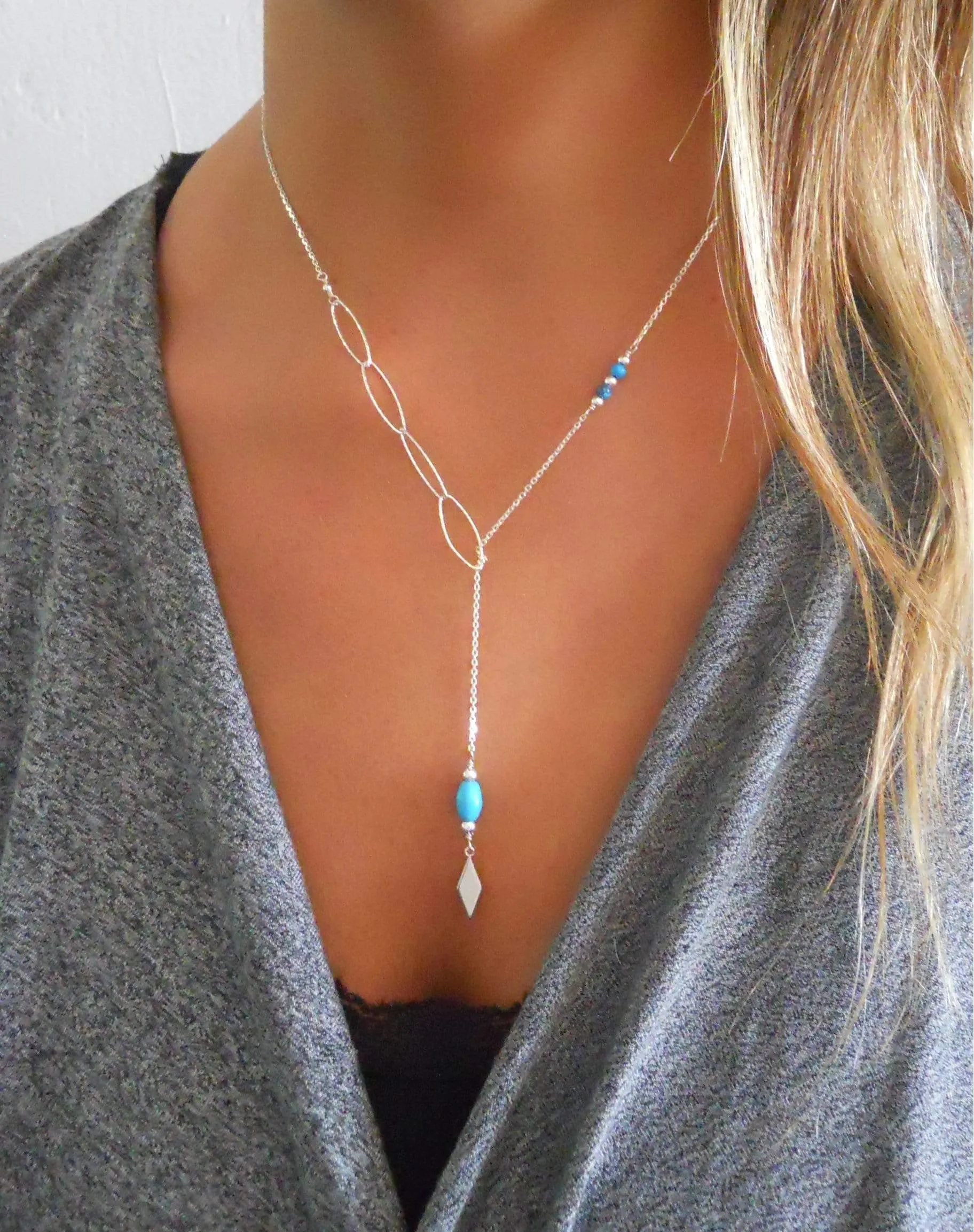 Dainty Silver Y Lariat Necklace with Turquoise Beads