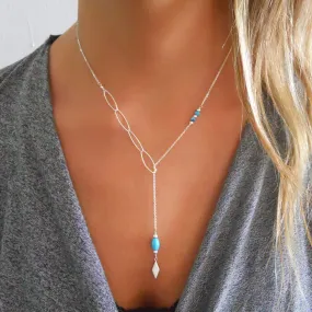 Dainty Silver Y Lariat Necklace with Turquoise Beads