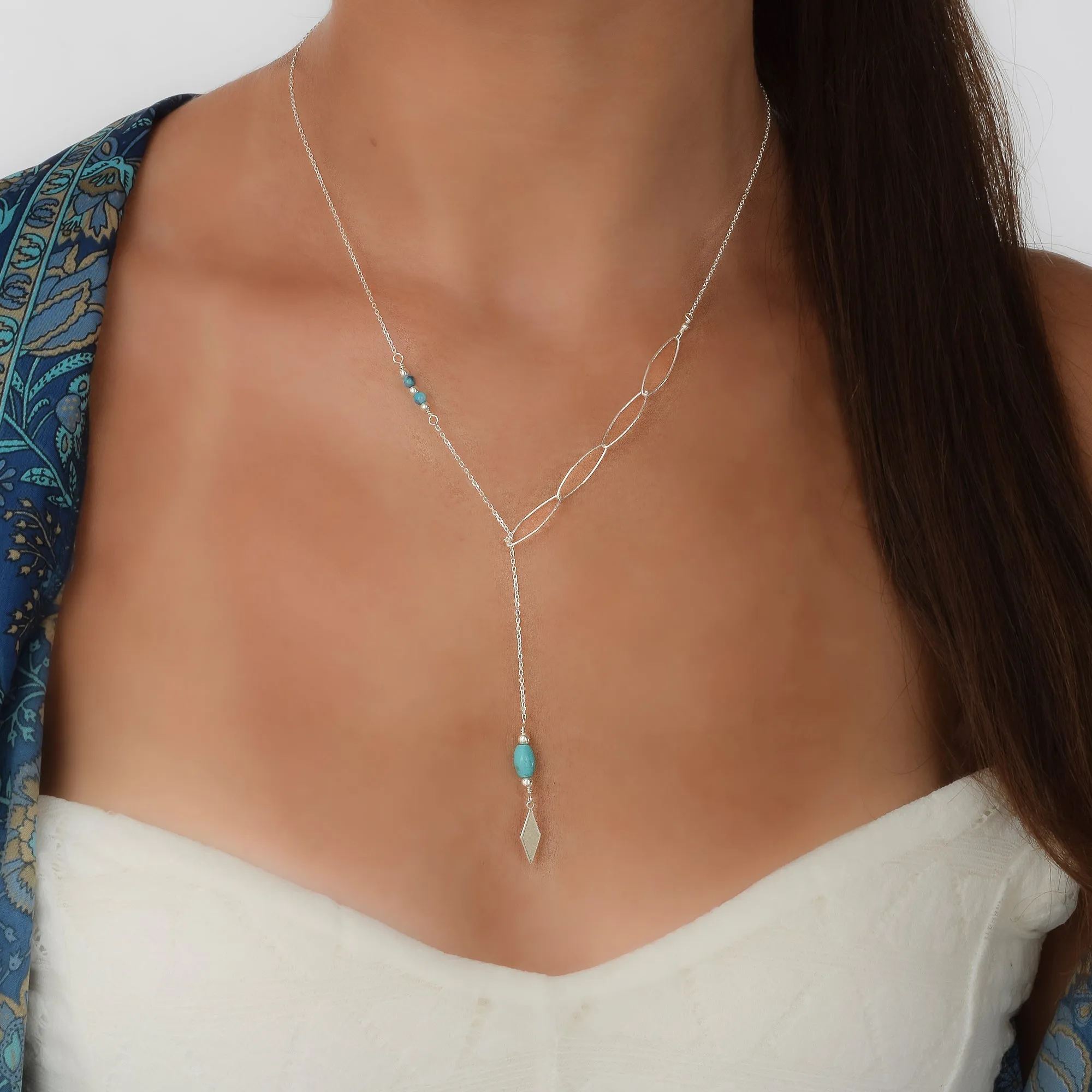 Dainty Silver Y Lariat Necklace with Turquoise Beads