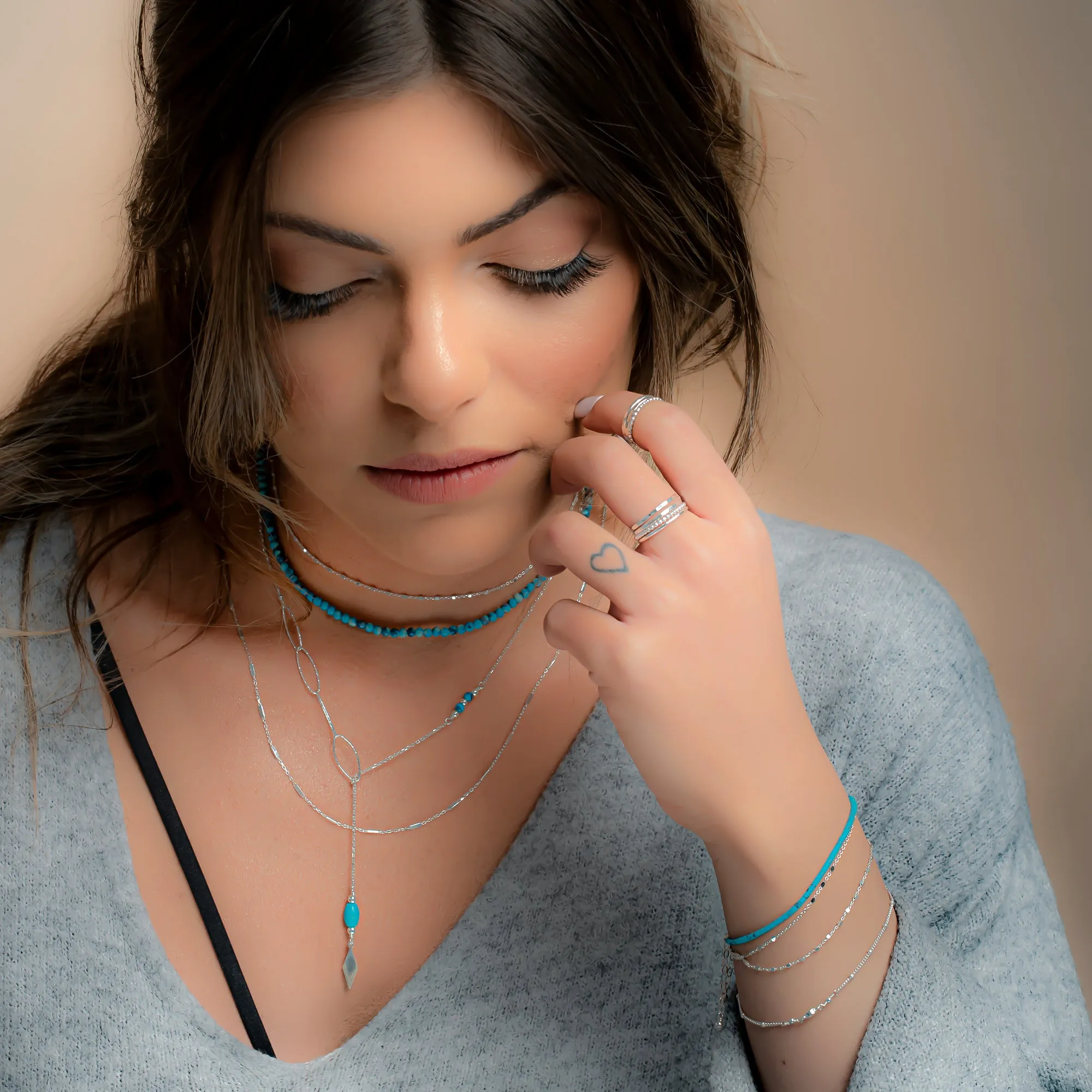 Dainty Silver Y Lariat Necklace with Turquoise Beads