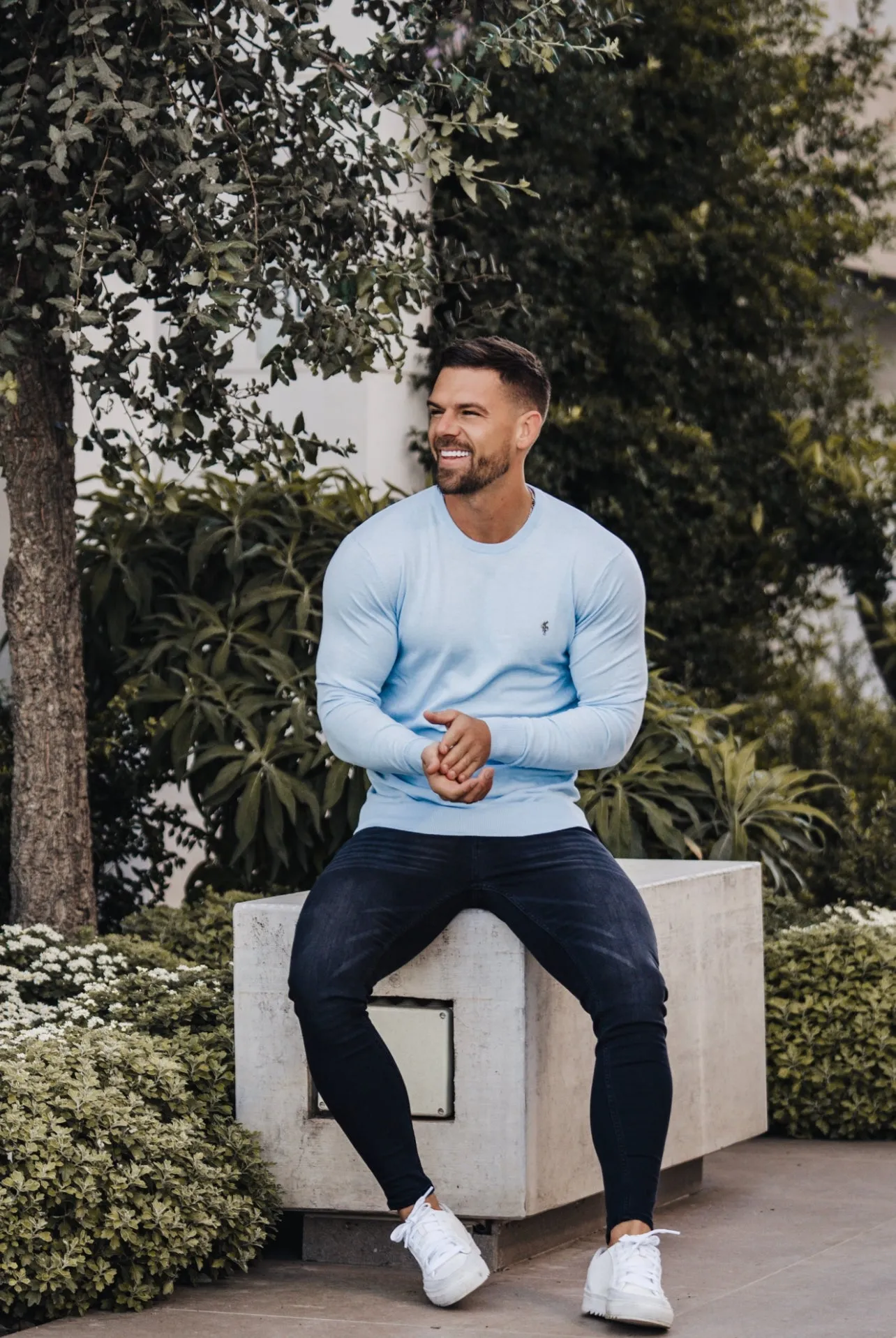 Father Sons Classic Sky Blue Light Weight Knitted Crew Neck Sweater with Metal Decal - FSN092