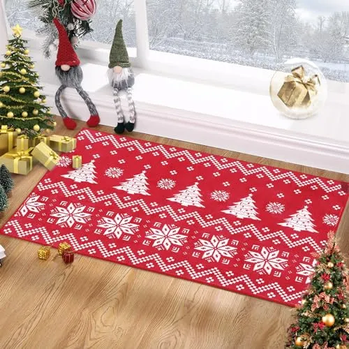 GARVEE 2x3 Christmas Entryway Doormat Non-Slip Indoor Throw Rug Xmas Decorative Floor Carpet Washable Front Door Welcome Area Rug Farmhouse Rug for Bedroom Living Room Kitchen Nursery, Red 2' x 3'