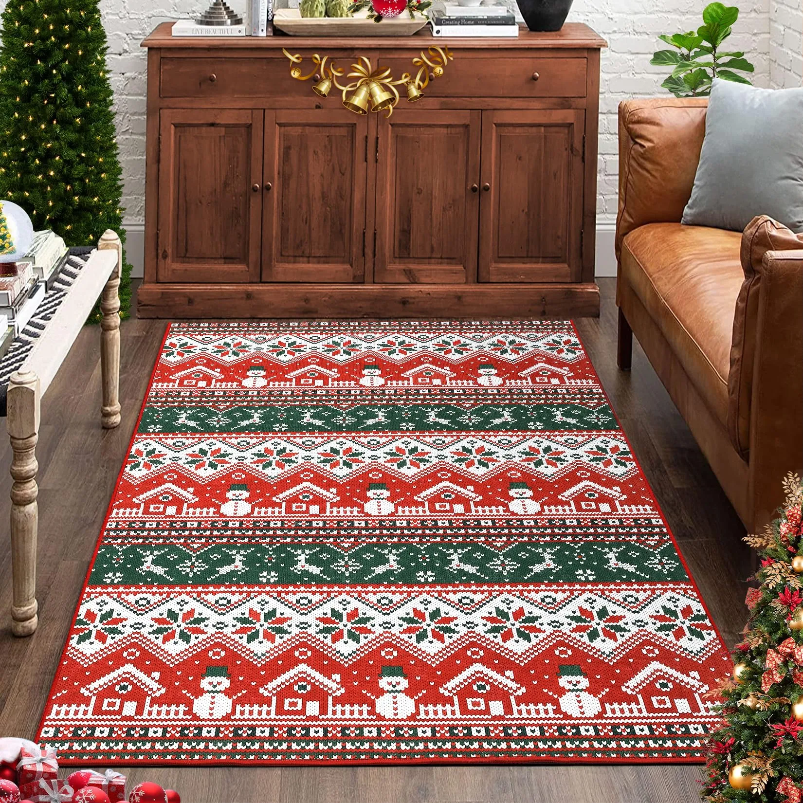 GARVEE Area Rug Christmas 4x6 Area Rug Non-Slip Christmas Decor Carpet Washable Snowflake Geometric Accent Carpet Xmas Deer Ultra-Soft Floor Cover for Living Room Bedroom, Red&Green