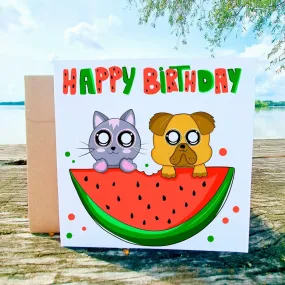 Happy Birthday Card, Greeting Card, Watermelon Card, Square Confetti Fruit Postcards, love funny cute punny