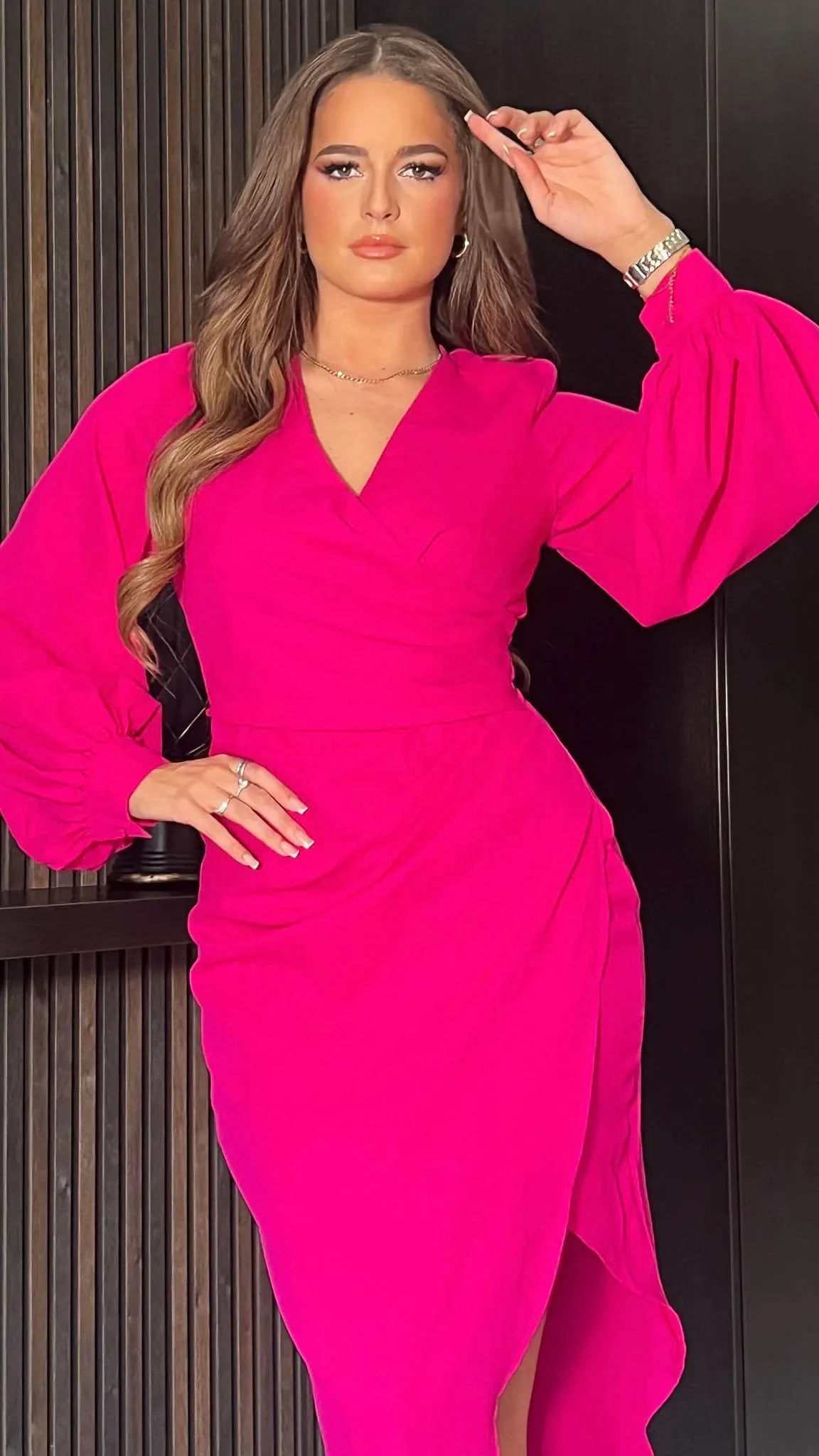 Kassiani Pink Long Sleeve Wrap Asymmetric Dress