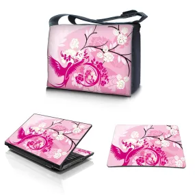 Laptop Padded Compartment Shoulder Messenger Bag Carrying Case & Matching Skin & Mouse Pad – Pink Birds Floral