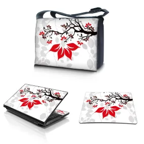 Laptop Padded Compartment Shoulder Messenger Bag Carrying Case & Matching Skin & Mouse Pad – White Grey Branches Floral