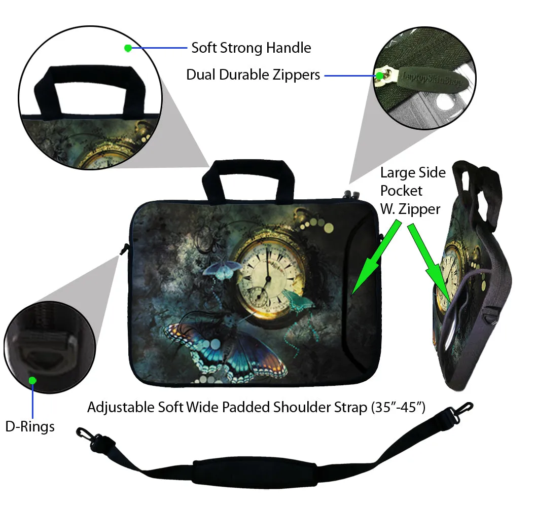 Laptop Sleeve Carrying Case w/ Removable Shoulder Strap & Skin & Mouse Pad – Clock Butterfly Floral