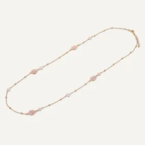 Long Rose Quartz & Pearl Crystal Stone Necklace In Gold-Tone