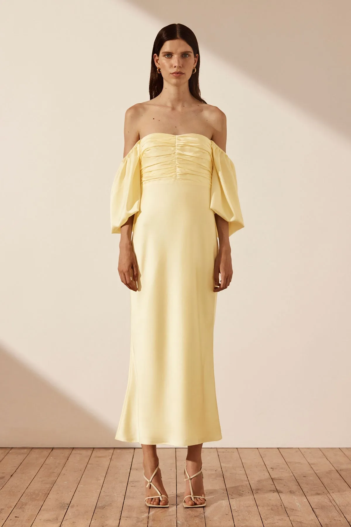 LUXE RUCHED BODICE LONG SLEEVE MIDI DRESS - LEMON