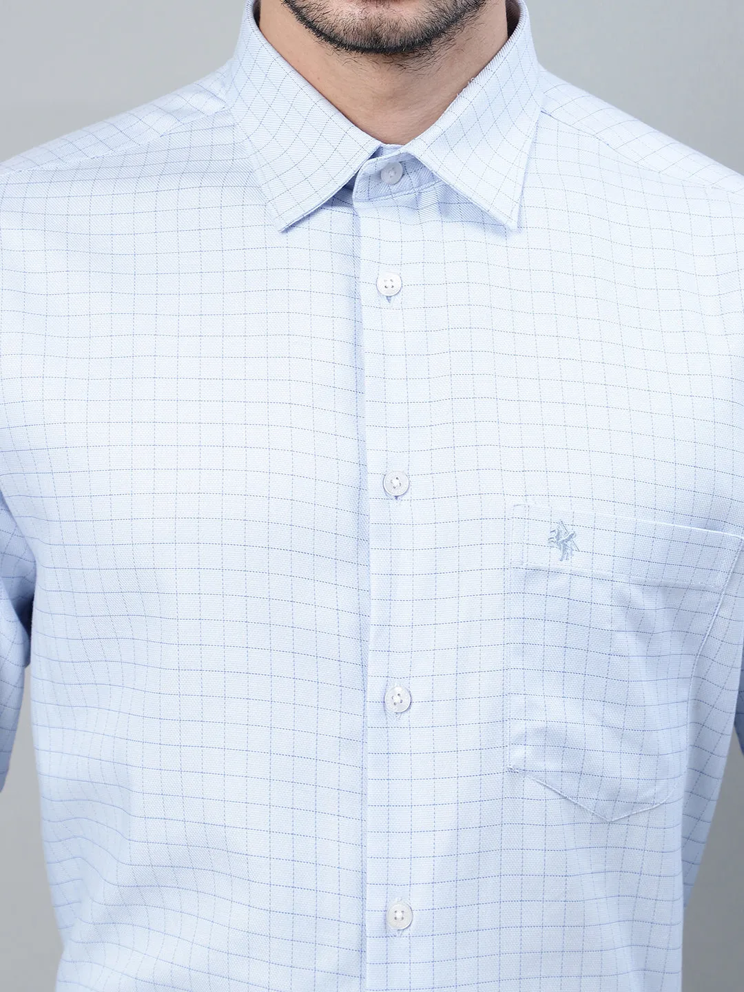 Men's Sky Blue Checkered Full Sleeve Formal Shirt