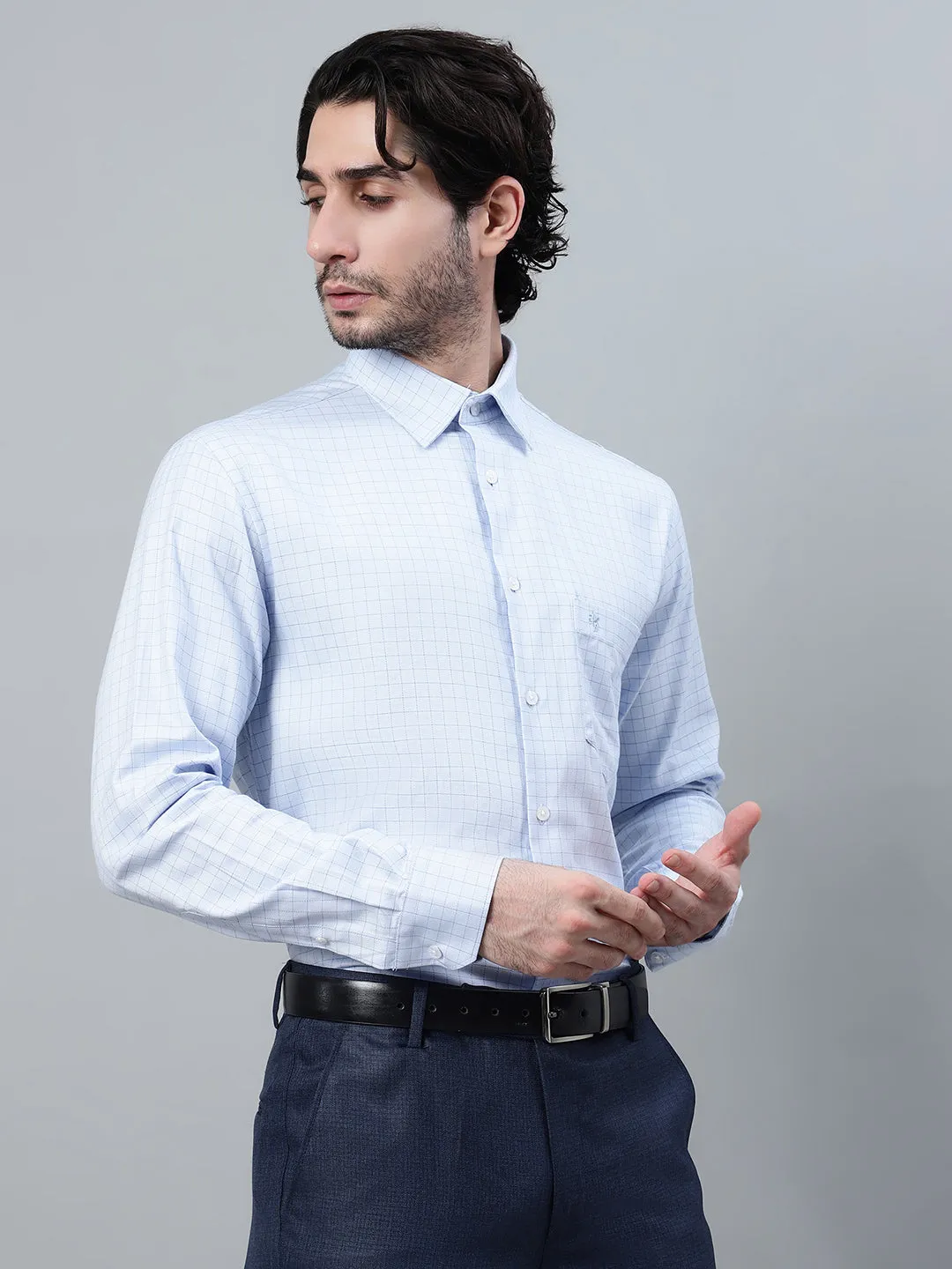 Men's Sky Blue Checkered Full Sleeve Formal Shirt