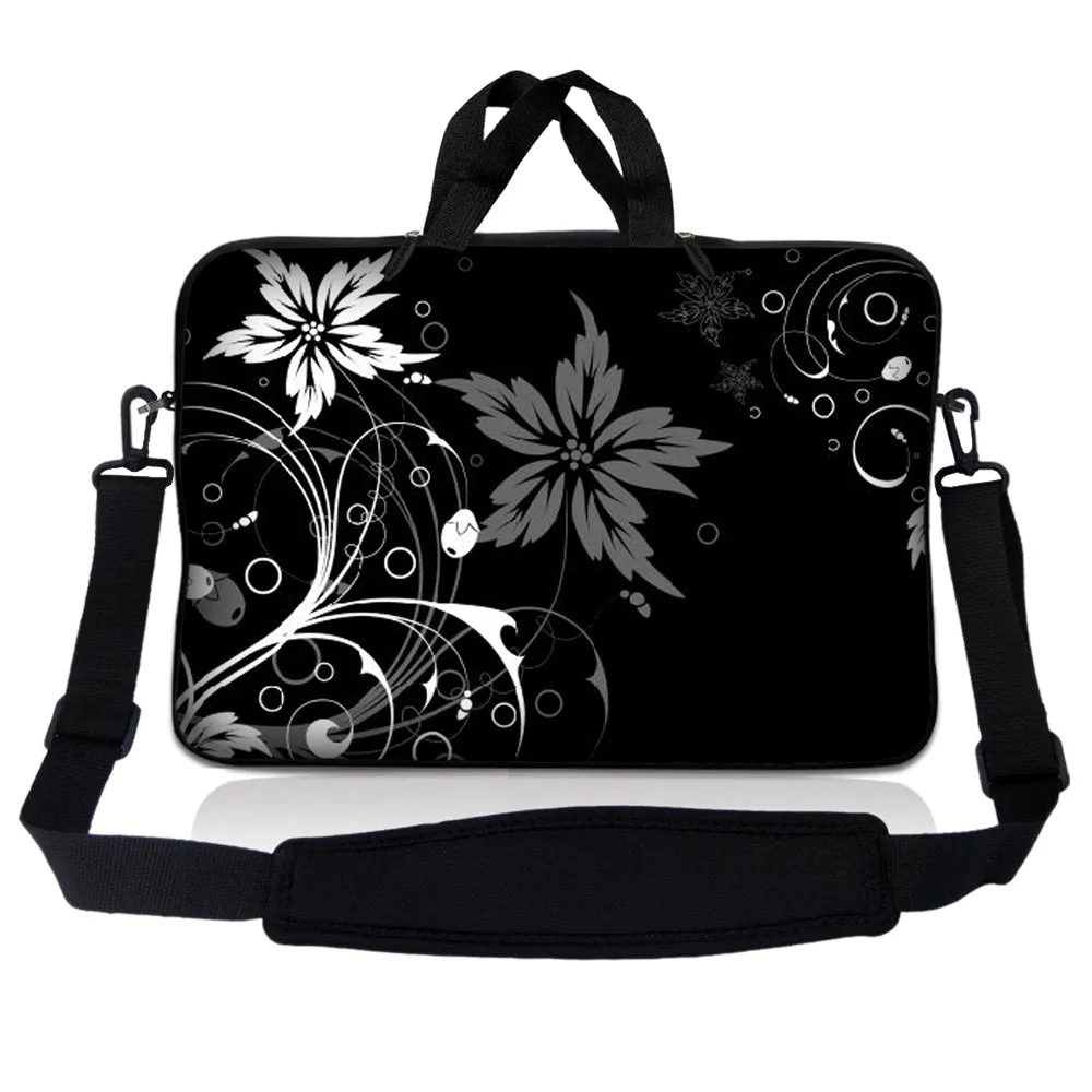 Notebook / Netbook Sleeve Carrying Case w/ Handle & Adjustable Shoulder Strap & Matching Skin & Mouse Pad – Black and White Floral