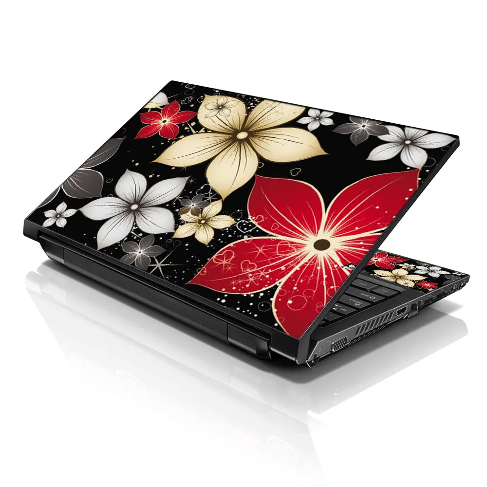 Notebook / Netbook Sleeve Carrying Case w/ Handle & Adjustable Shoulder Strap & Matching Skin & Mouse Pad – Black Gray Red Flower Leaves