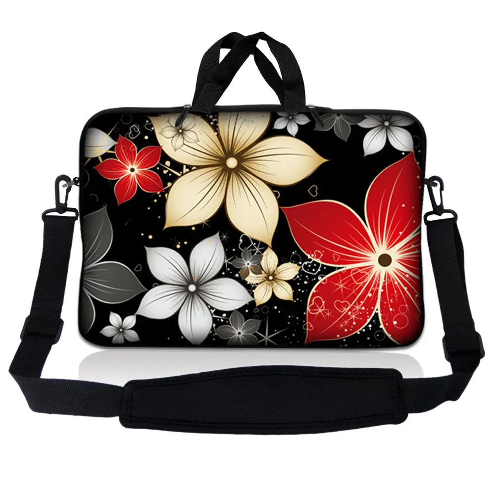 Notebook / Netbook Sleeve Carrying Case w/ Handle & Adjustable Shoulder Strap & Matching Skin & Mouse Pad – Black Gray Red Flower Leaves