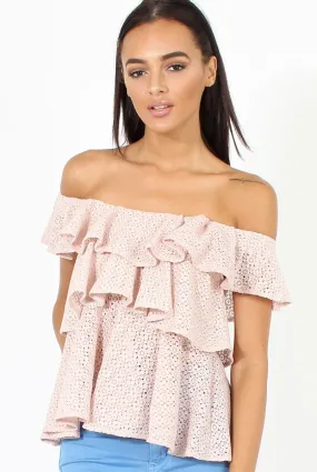 Pink Off the Shoulder Lace Frill Top - Larisa