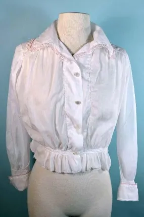 SOLD Antique White Cotton Edwardian/Victorian Blouse, Crochet Pink Trim M