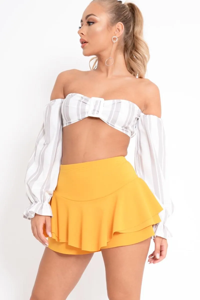 White Grey Stripe Buckle Front Extreme Bardot Crop Top - Theora