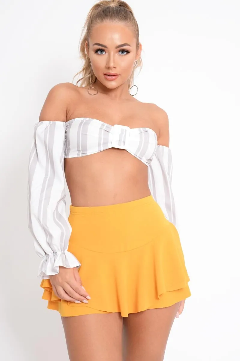 White Grey Stripe Buckle Front Extreme Bardot Crop Top - Theora