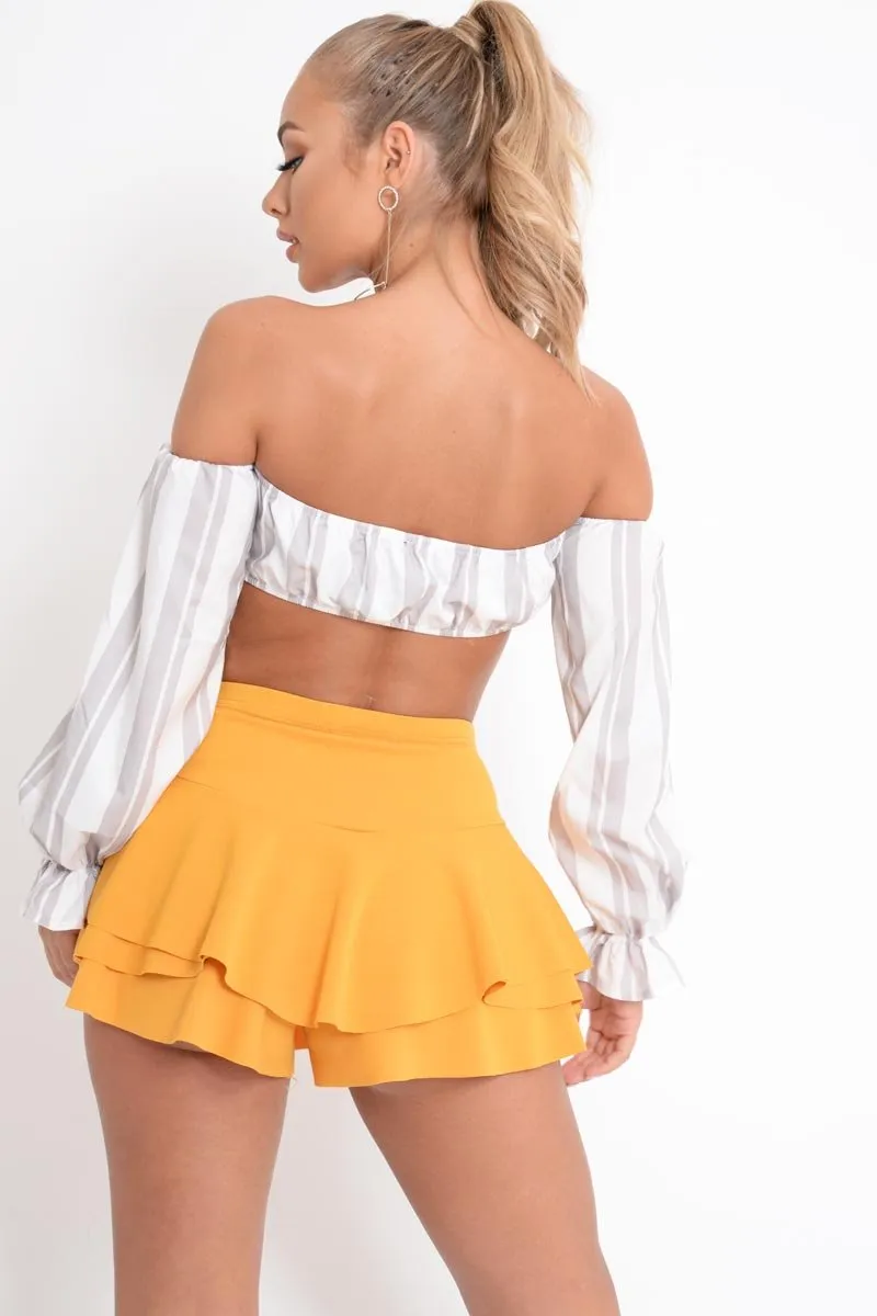 White Grey Stripe Buckle Front Extreme Bardot Crop Top - Theora