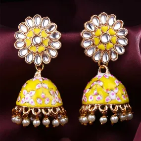 Yellow Chimes Meenakari Jhumka Earrings for Women Gold Plated Yellow Meenakari Flower Pearl Jhumka Earrings for Women and Girls